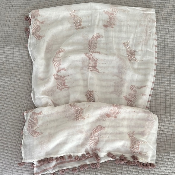 Chic Cream and Pink Zebra Oversized Scarf with Pom Poms and Bling - Picture 3 of 9